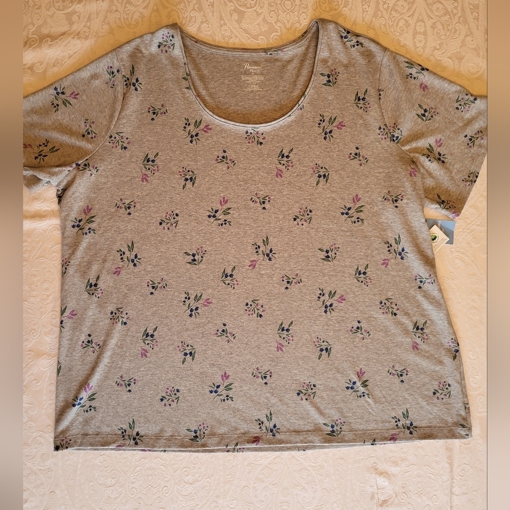 Penmens Plus Gray with Purple Floral Pattern Short Sleeve Tee, NWT, 4X - Picture 1 of 5